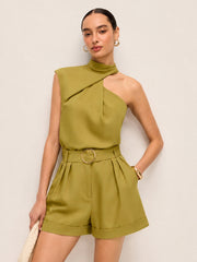 Asymmetric Neck Top & Belted Shorts Set