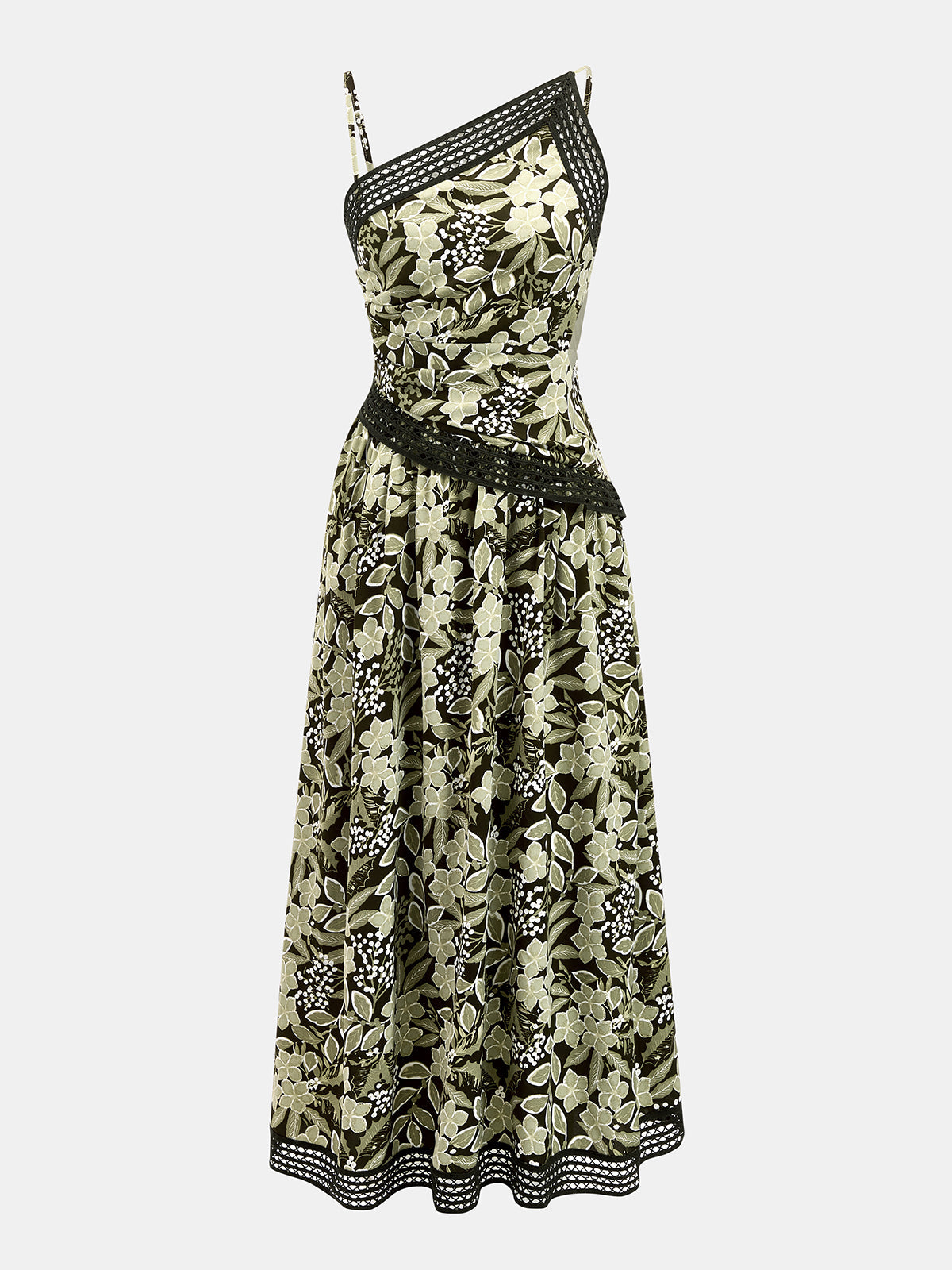 Asymmetric Strap Lace Trim Floral Midi Dress