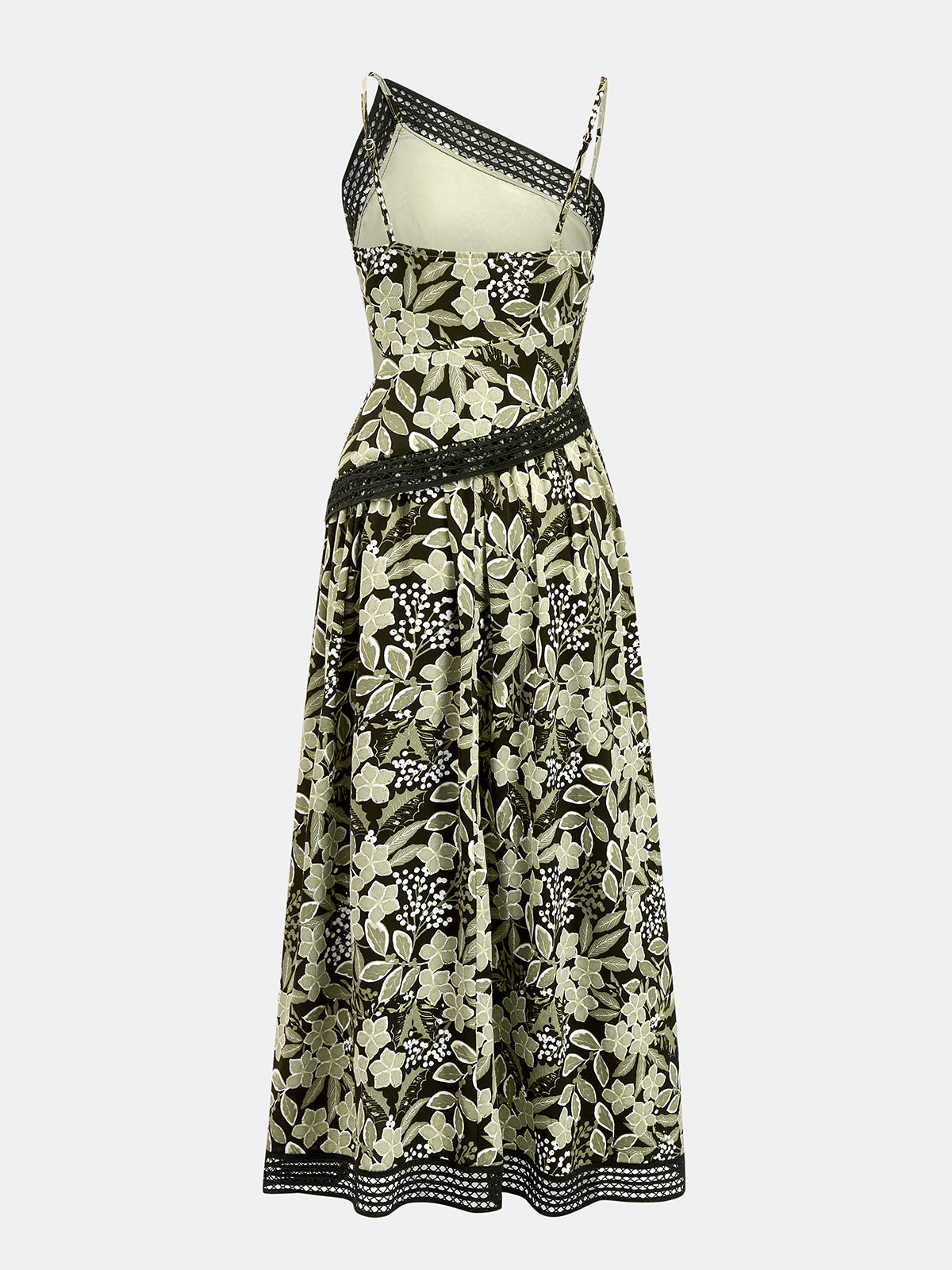 Asymmetric Strap Lace Trim Floral Midi Dress