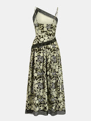 Asymmetric Strap Lace Trim Floral Midi Dress