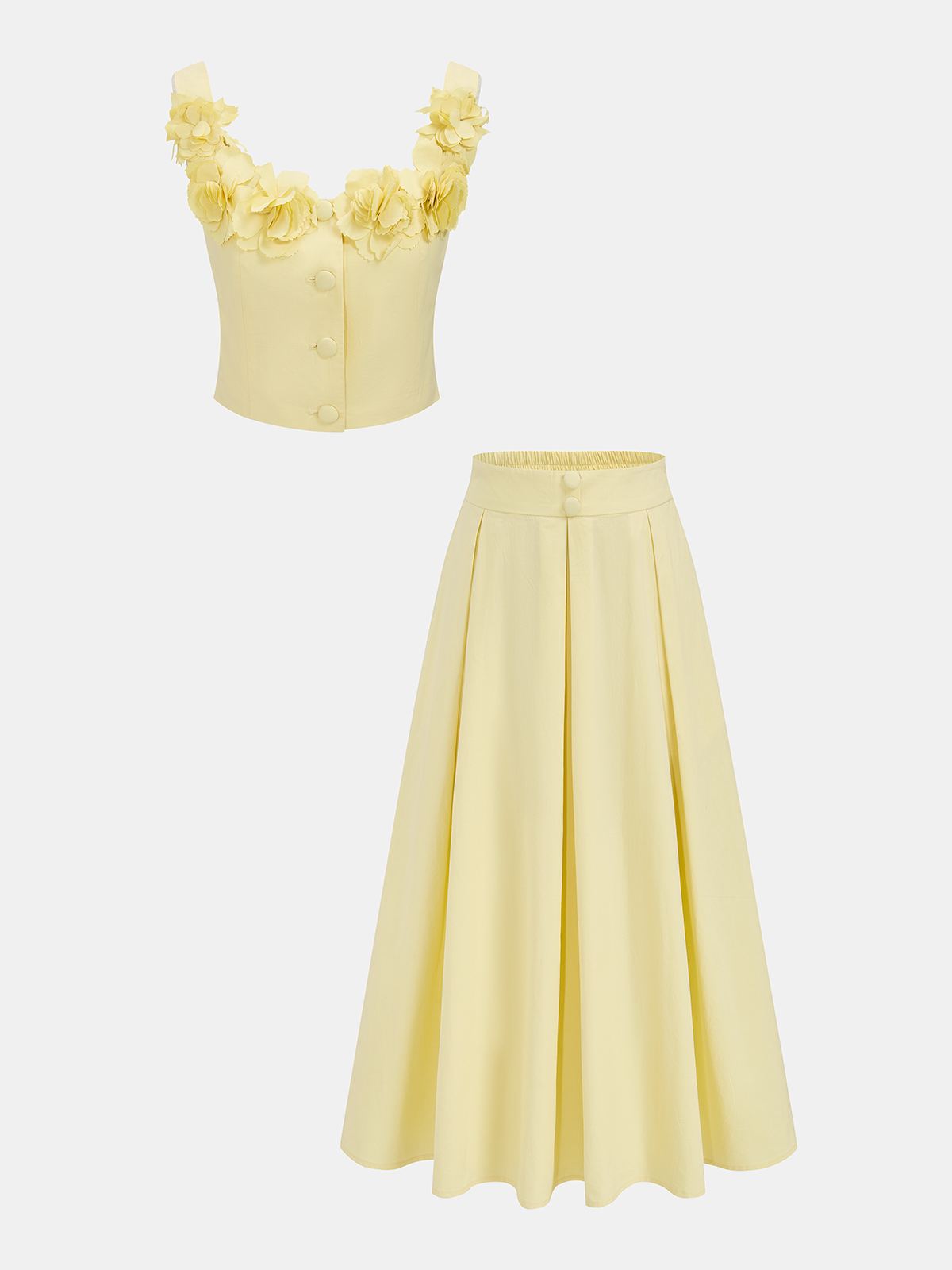 3D Floral Crop Top & Pleated Midi Skirt Set