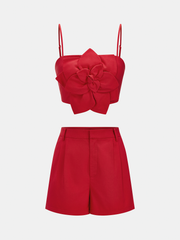 3D Flower Cotton Linen Cami Top & Shorts Set