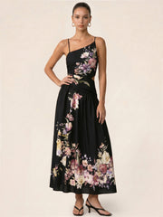 Asymmetric Cutout Floral Slip Midi Dress