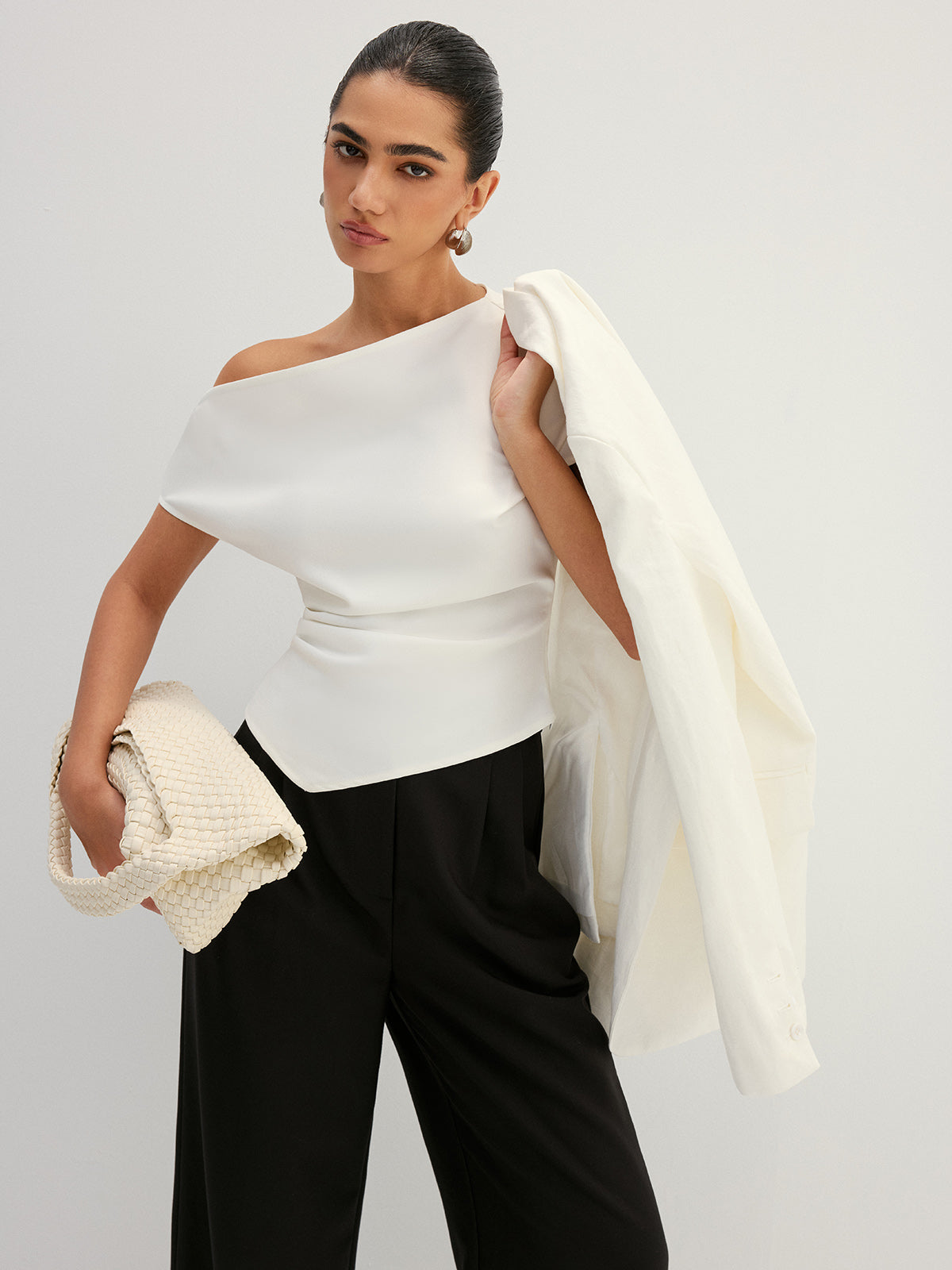 Asymmetric Off Shoulder Ruched Fitted Blouse