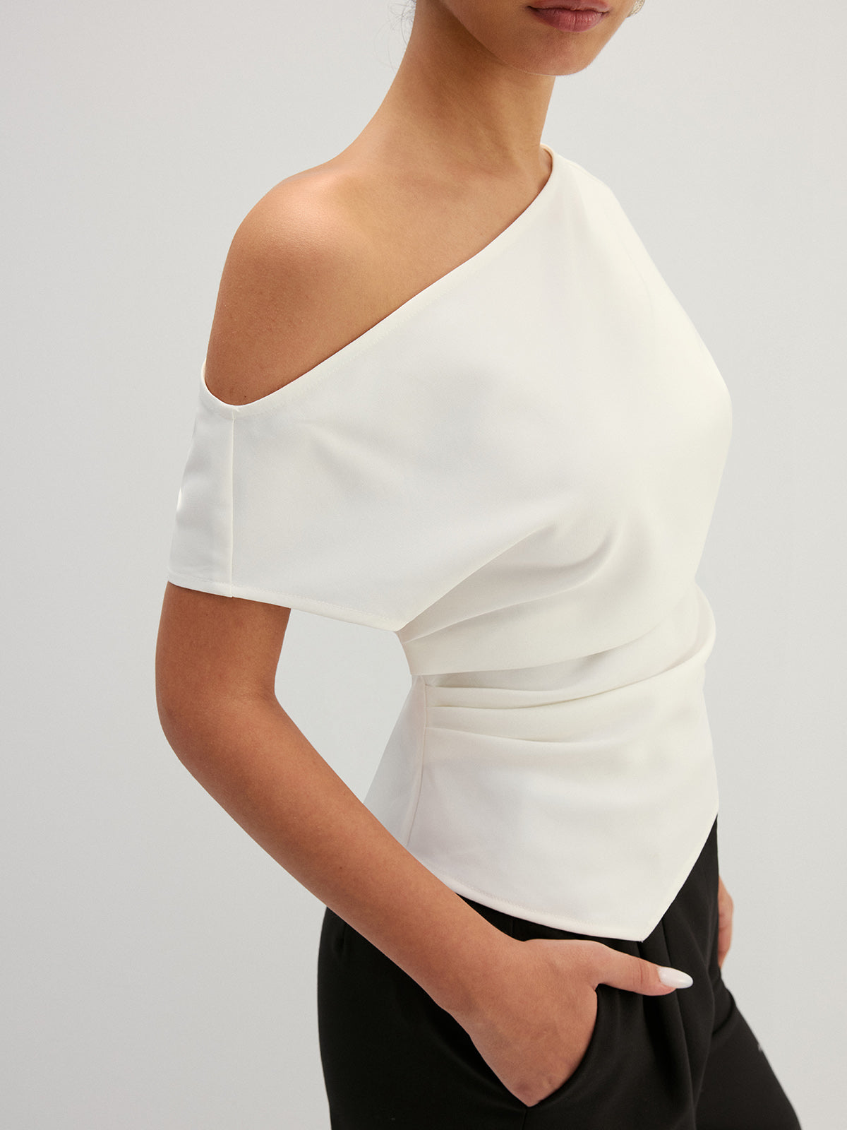Asymmetric Off Shoulder Ruched Fitted Blouse