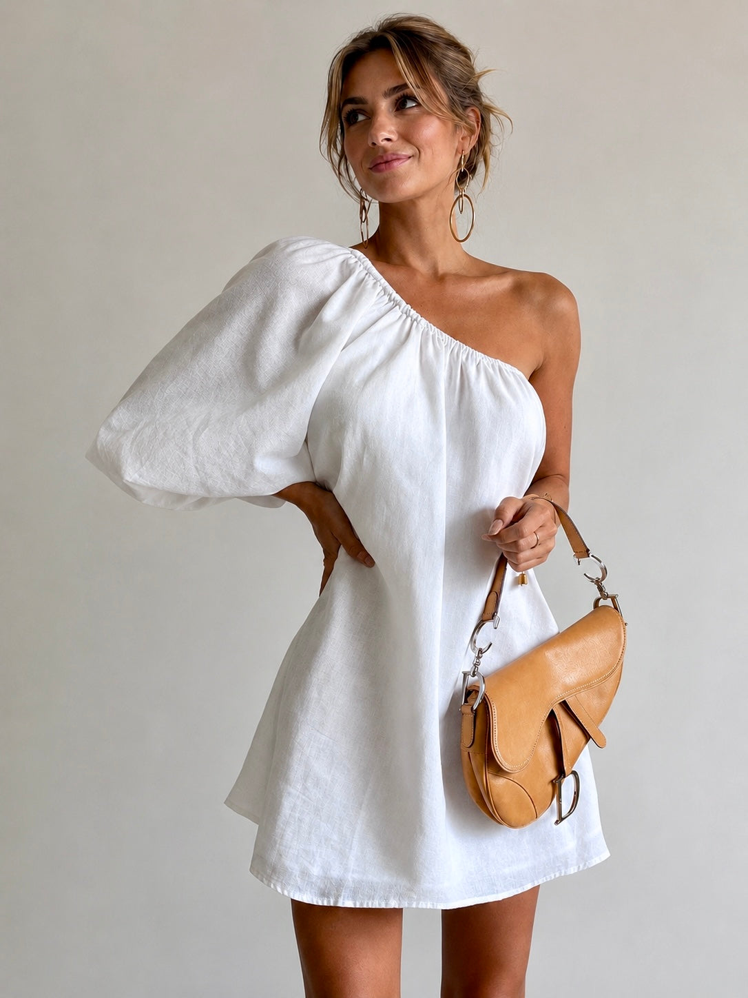 Aegean Cotton Linen One Sleeve Short Dress
