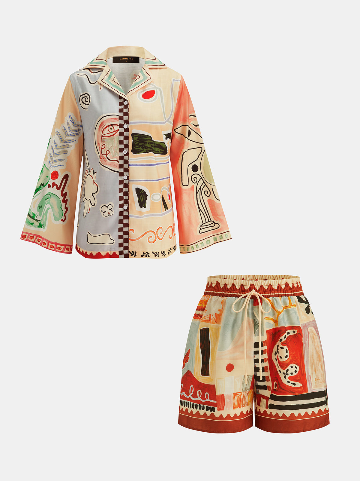 Abstract Print Shirt & Drawstring Shorts Set