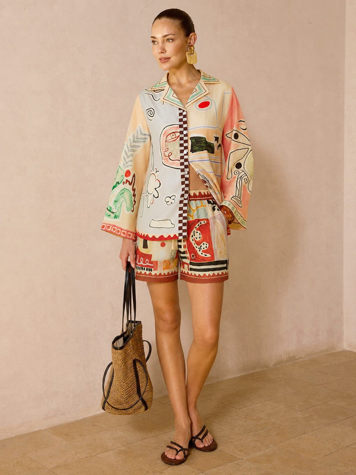 Abstract Print Shirt & Drawstring Shorts Set