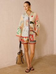 Abstract Print Shirt & Drawstring Shorts Set