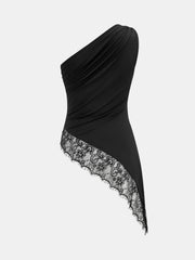 Asymmetric One Shoulder Lace Hem Top