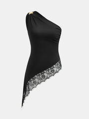 Asymmetric One Shoulder Lace Hem Top