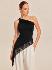 Asymmetric One Shoulder Lace Hem Top
