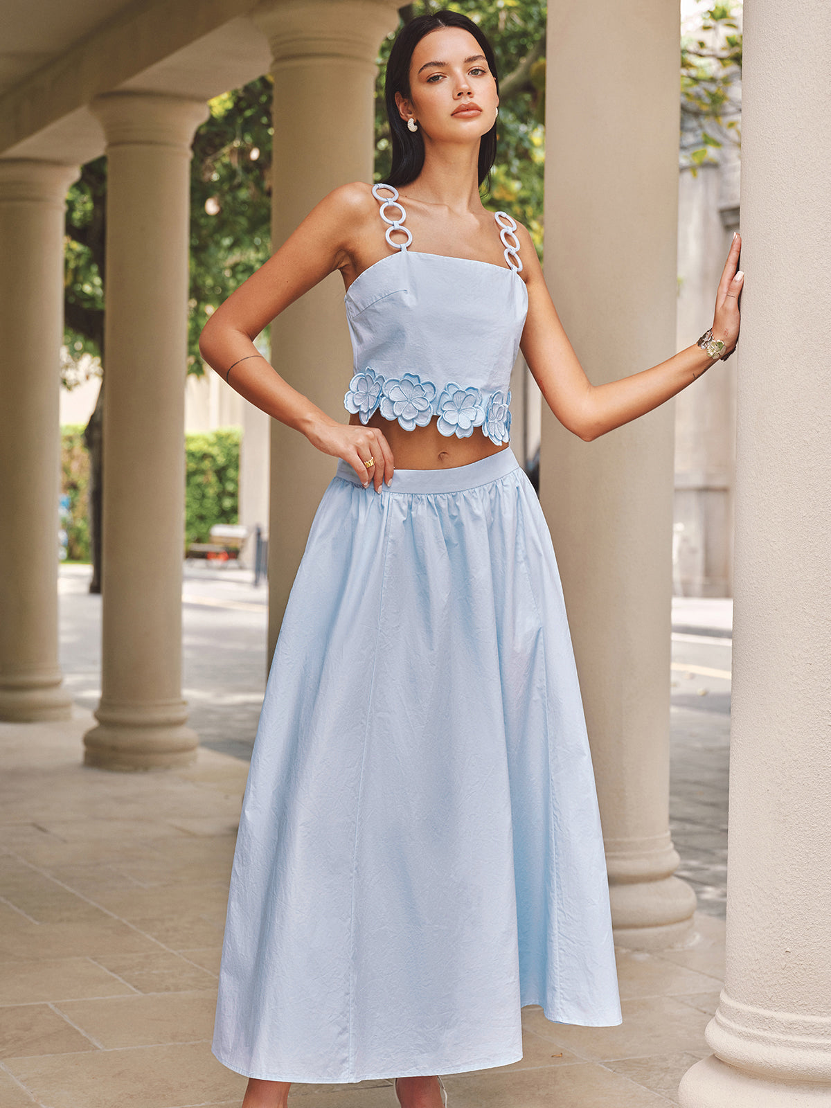 3D Flower Ring Strap Top & Pocketed Skirt Set