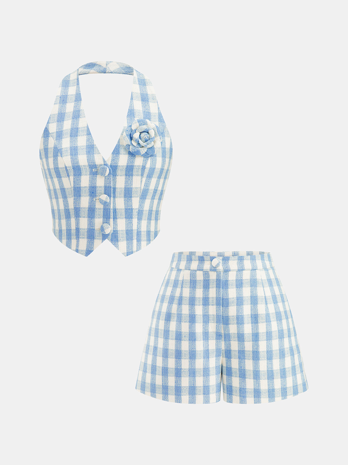 3D Flower Gingham Halter Vest & Shorts Set