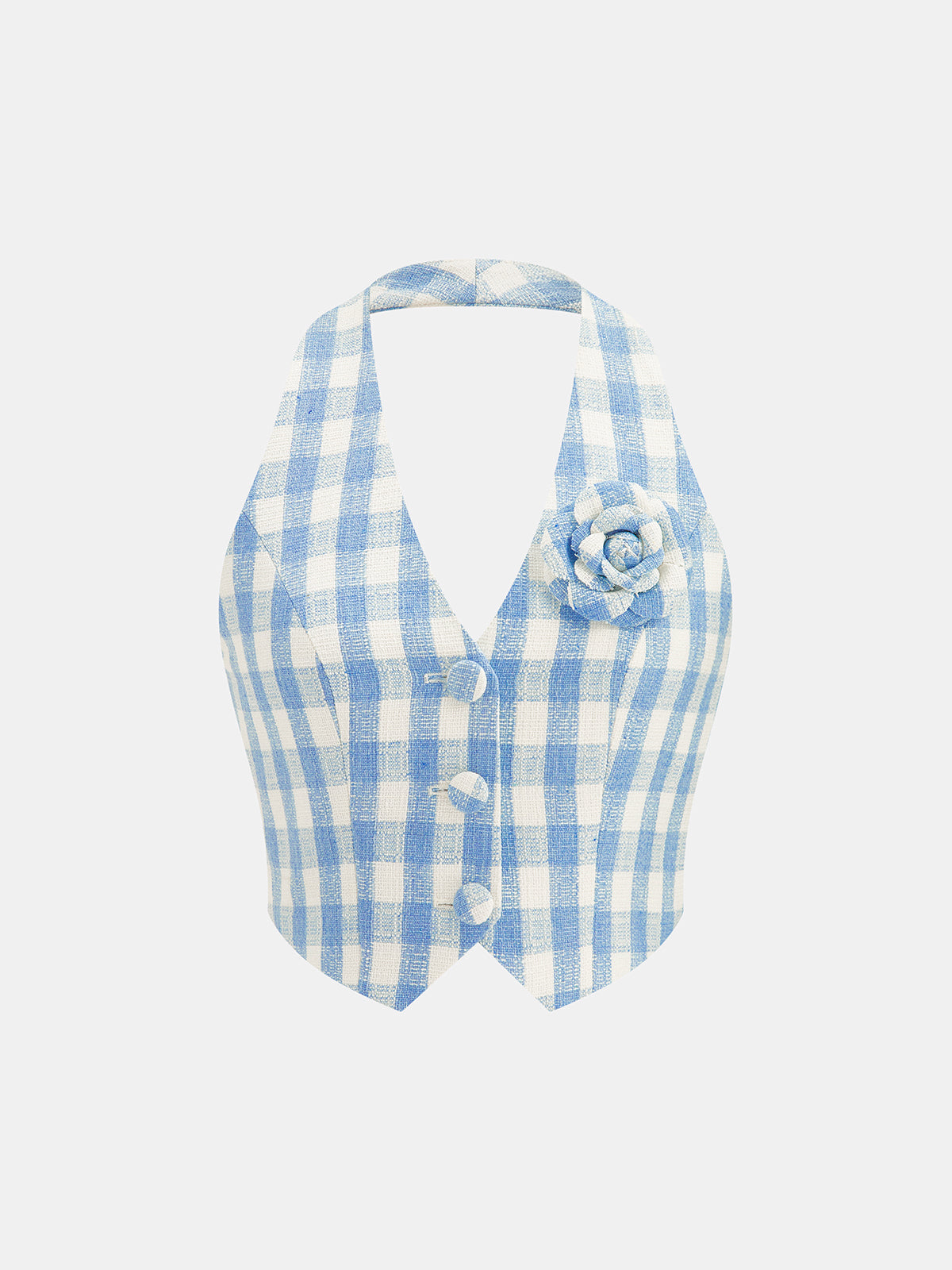 3D Flower Gingham Halter Vest & Shorts Set