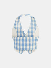 3D Flower Gingham Halter Vest & Shorts Set