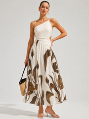 Asymmetrical Cutout Abstract Print Maxi Dress