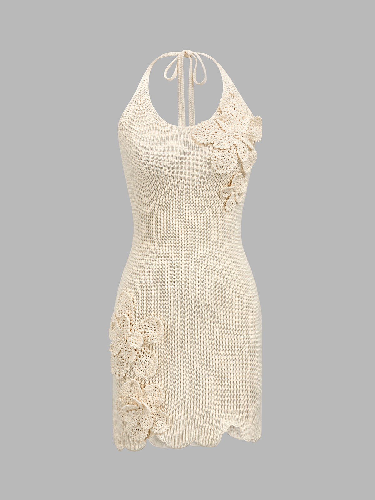 3D Flower Halter Crochet Knit Mini Dress