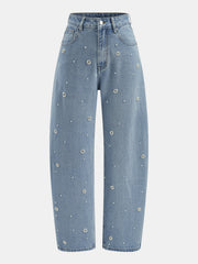 3D Beaded Barrel Leg Jeans