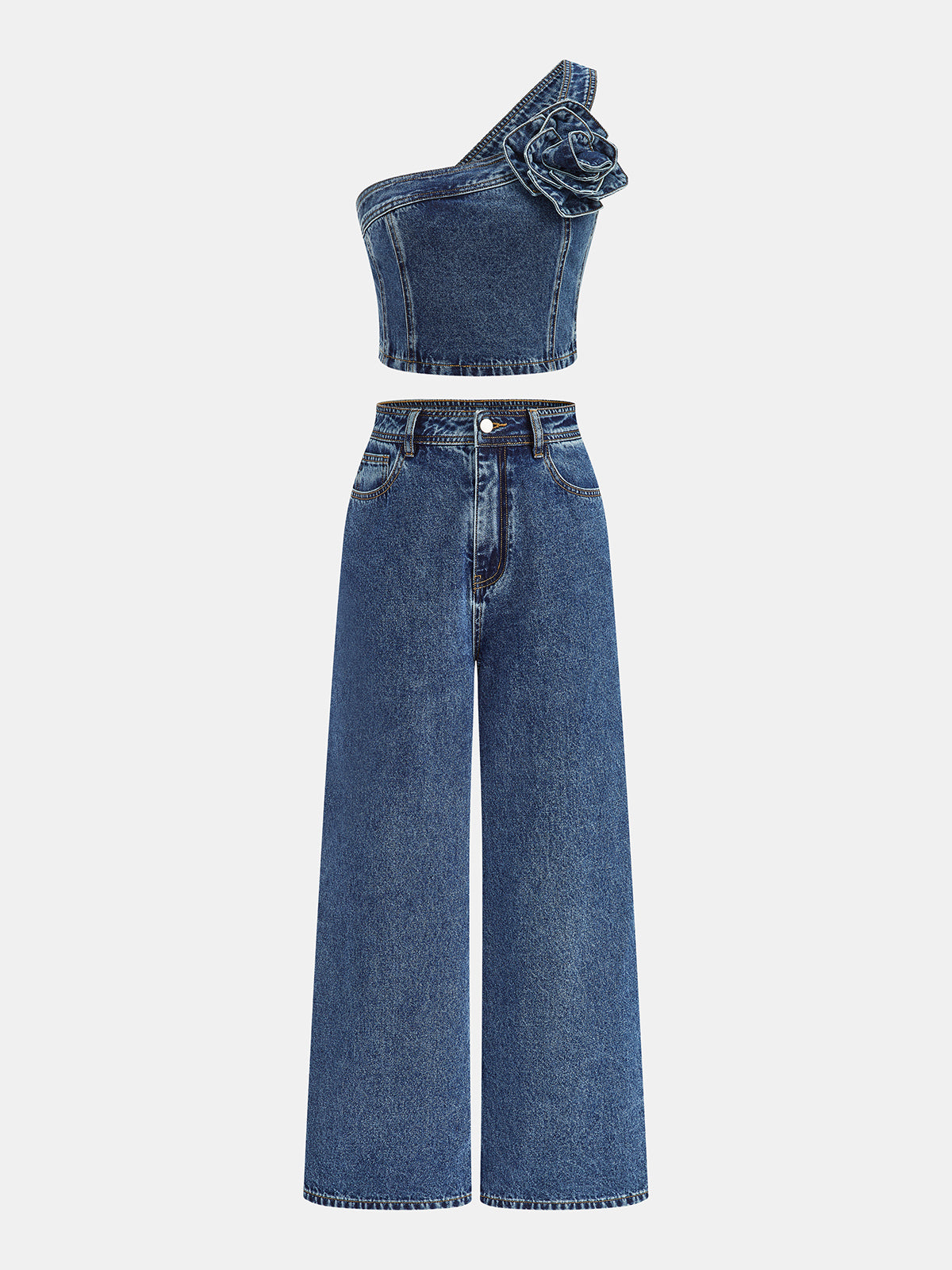 3D Rose One Shoulder Denim Top