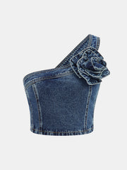 3D Rose One Shoulder Denim Top