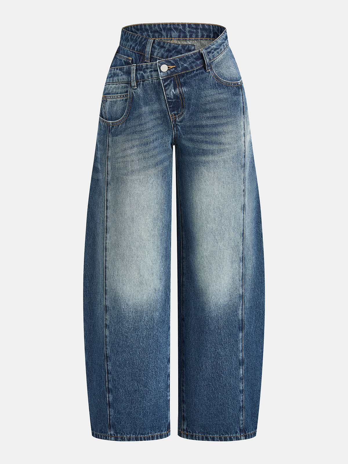 Asymmetric Waist Curved-Leg Denim Pants