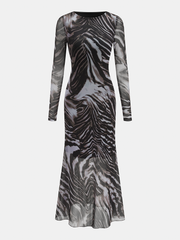 Animal Print Mesh Long Sleeve Mermaid Dress