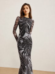 Animal Print Mesh Long Sleeve Mermaid Dress