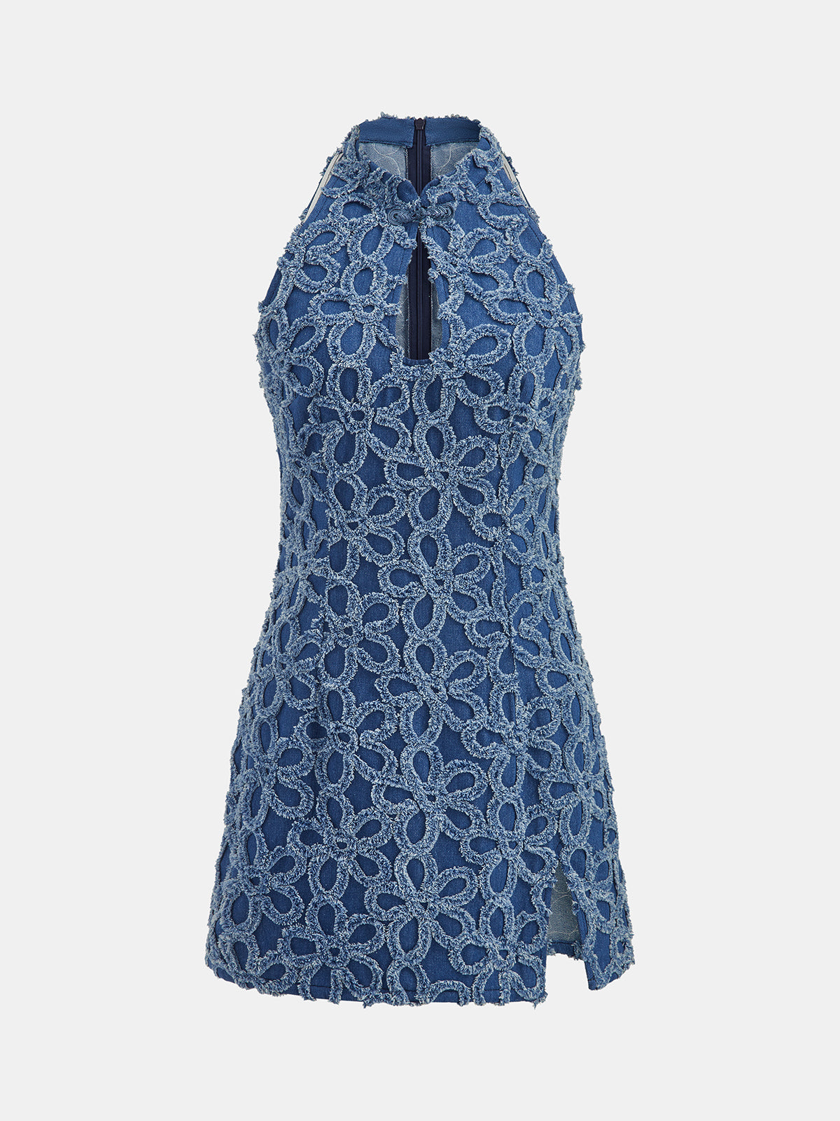 3D Floral Frog Button Denim Mini Dress