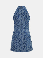 3D Floral Frog Button Denim Mini Dress
