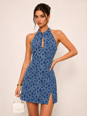 3D Floral Frog Button Denim Mini Dress
