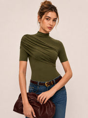 Asymmetric Ruched High Neck Top