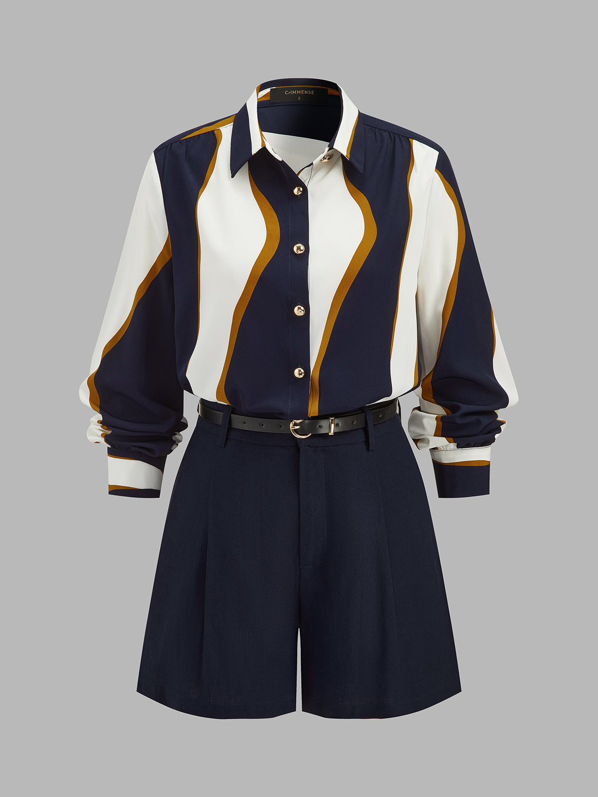 Abstract Wave Print Shirt & Belted Shorts Set